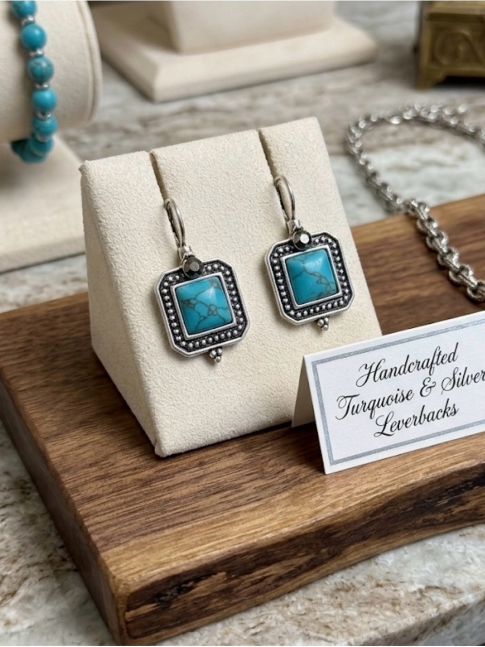 Handcrafted Turquoise & Silver plated Leverback Earrings - Turquoise